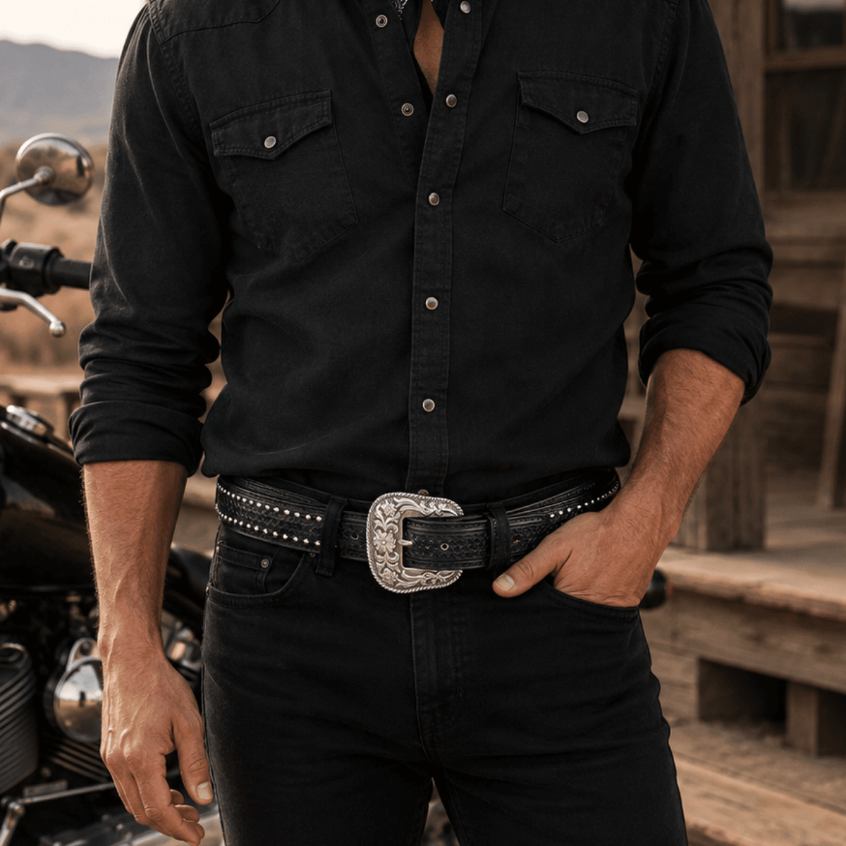 HAND-TOOLED BASKETWEAVE NAIL HEAD BELT - Will Leather Goods